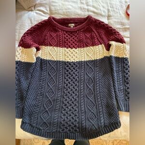 L.L. BEAN “Fisherman” Burgundy, Cream, and Navy Cable Knit 100%COTTON Sweater